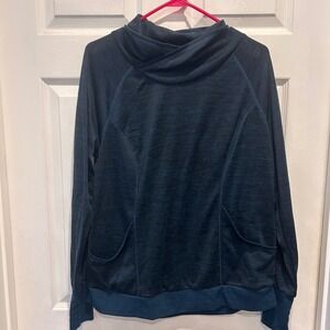 RBX Womens L Black Blue Heathered Cowl Neck Long‎ Sleeve Pullover Top Pockets